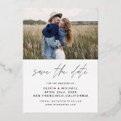 Elegante Typografie Save the Date Foto Silver Folieneinladung (Rückseite)