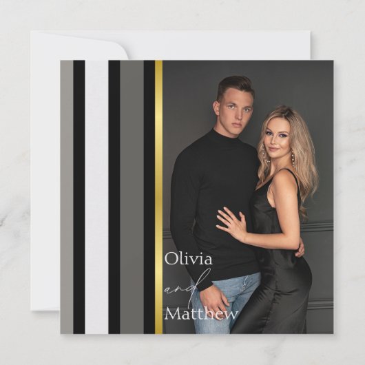 Elegante Typografie Schwarz-weiße Goldstreifen-Hoc Einladung (Rückseite)