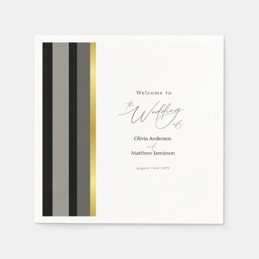 Elegante Typografie Schwarz-weiße Goldstreifen-Hoc Serviette (Vorderseite)