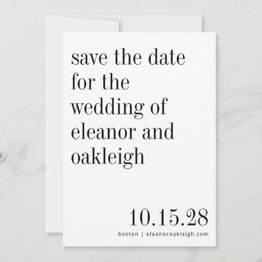 Elegante Typografie Schwarz-weiße Minimalistische Save The Date (Vorderseite)