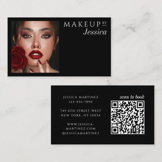 Elegante Typografie Schwarzer QR-Code Foto Make-up Visitenkarte (Vorne/Hinten)