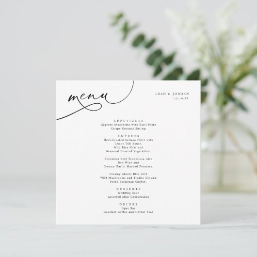 Elegante Typografie Square Wedding Menükarte (Stehend Vorderseite)