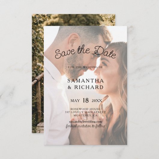 Elegante Typografie Transparentes Foto Hochzeit Save The Date (Vorne/Hinten)