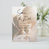 Elegante Typografie Transparentes Foto Hochzeit Save The Date (Stehend Vorderseite)