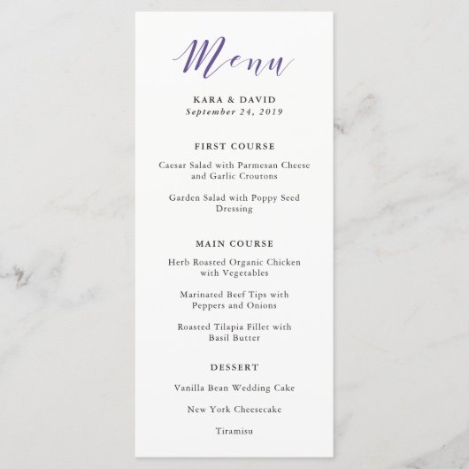 Elegante Typografie | Violet Wedding Menu Menükarte (Vorderseite)