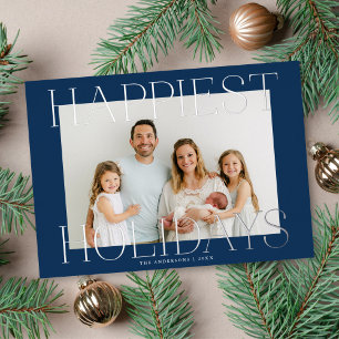 Elegante Typografie Weihnachts-Foto Blau + Silber Folien Feiertagskarte