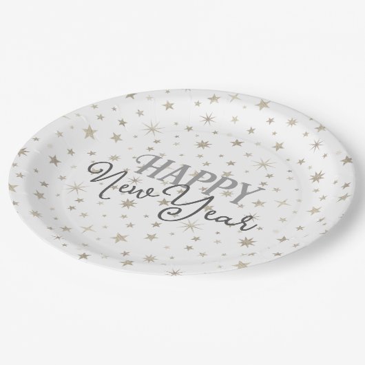 Elegante Typografie Weißgraue Sterne glücklich Neu Pappteller (Schrägansicht)