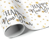 Elegante Typografie White Gold Stars glücklich Neu Geschenkpapier (Rolleneckpunkt)