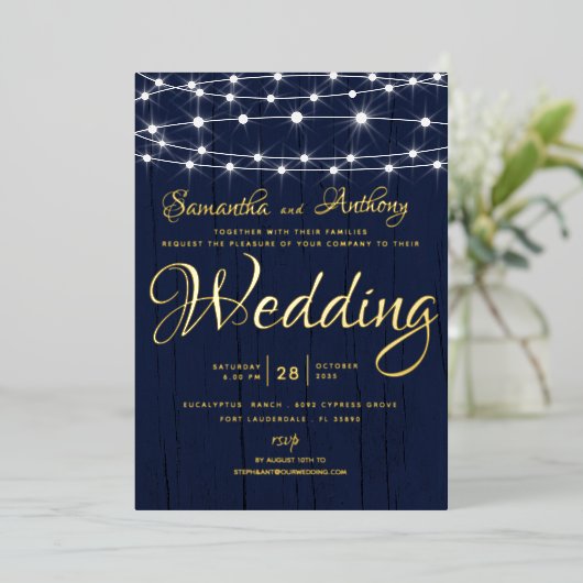 Elegante UAWG Wedding Gold & Navy String Lights Folieneinladung (Stehend vorne)