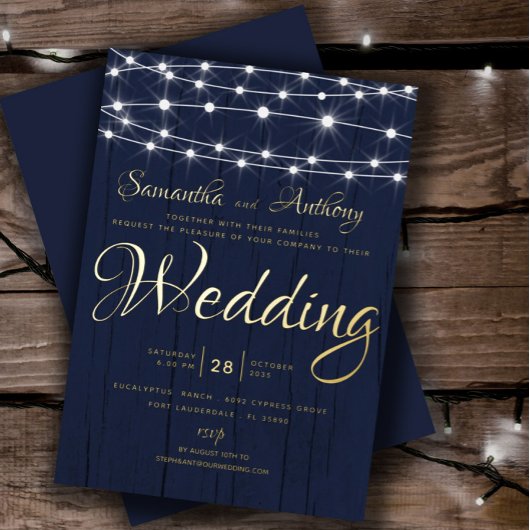 Elegante UAWG Wedding Gold & Navy String Lights Folieneinladung
