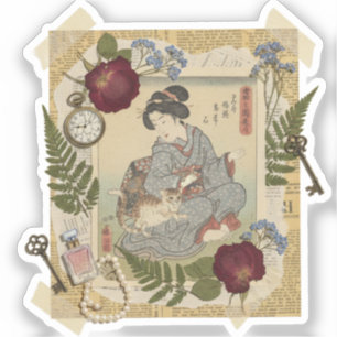 Elegante Ukiyoe-Collage-Kunst – Vintage-JP-Schönhe Aufkleber