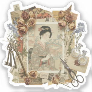 Elegante Ukiyoe-Collage-Kunst – Vintage-JP-Schönhe Aufkleber