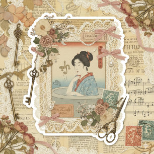 Elegante Ukiyoe-Collage-Kunst – Vintage-JP-Schönhe Aufkleber