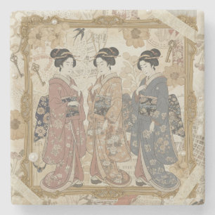 Elegante Ukiyoe-Collage-Kunst – Vintage-JP-Schönhe Steinuntersetzer