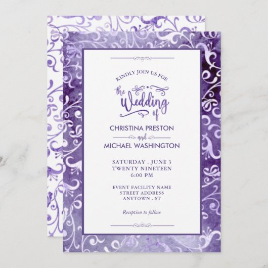 Elegante Ultra-Violet-Wasserfarben-Schnörkel Hochz Einladung (Vorne/Hinten)