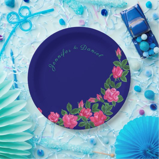 Elegante und blumengeschmückte Royal Blue Paper Te Pappteller (Party)