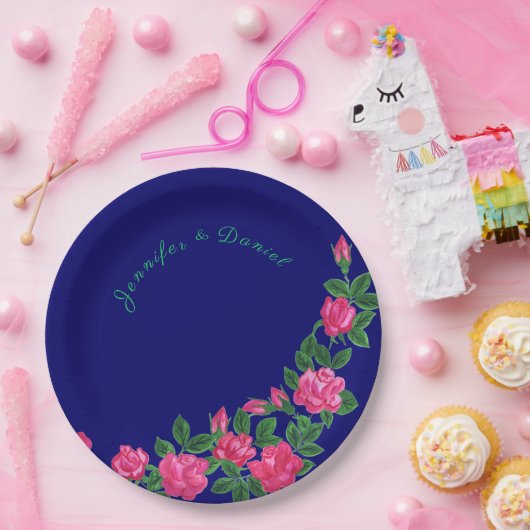 Elegante und blumengeschmückte Royal Blue Paper Te Pappteller (Party)