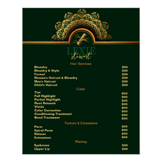 Elegante und klassische Friseur - Preisliste Poster (Vorderseite)