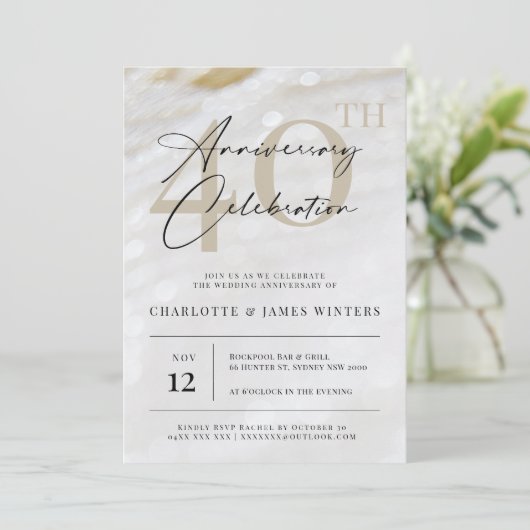 Elegante und klassische Perlenstruktur 40 Jahre al Einladung (Stehend Vorderseite)