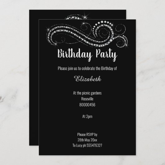 ELEGANTE UND KLASSISCHE SCHWARZE DIAMOND GEBURTSTA EINLADUNG (Vorne/Hinten)