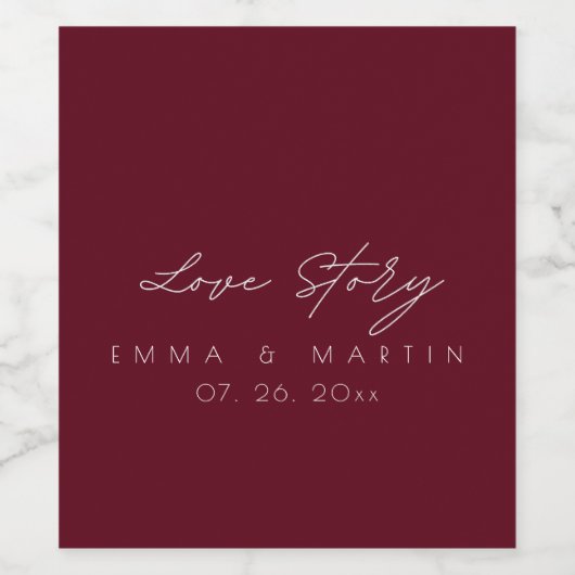 Elegante und moderne Burgundy Script Wedding Weinetikett (Einzelnes Label)