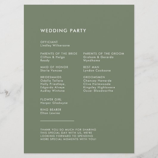 Elegante und moderne dunkle Weise grüne Hochzeit Programm (Rückseite)