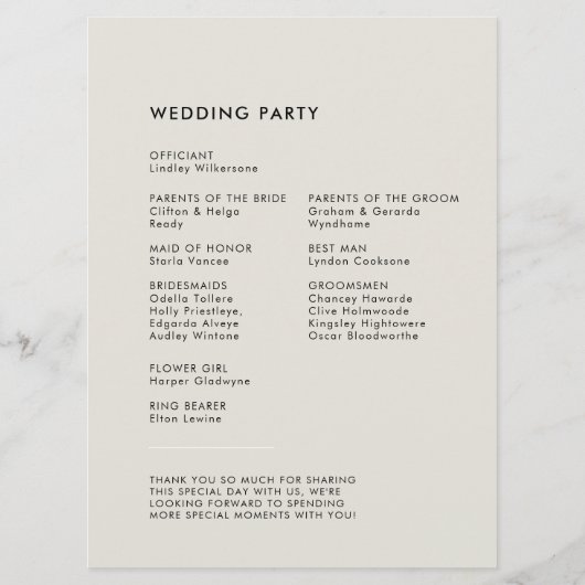 Elegante und moderne Hochzeitsfeier Programm (Rückseite)