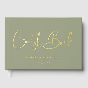 Elegante und moderne Sage Green & Gold Folie Hochz Gästebuch