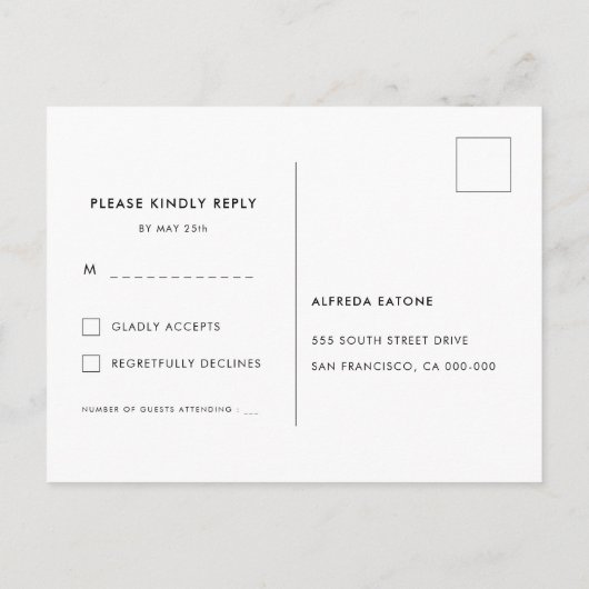 Elegante und moderne Schwarz-Weiß-Hochzeit RSVP Postkarte (Rückseite)