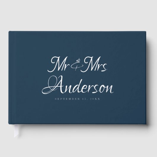 Elegante und moderne Script Navy Blue Wedding Gästebuch (Vorderseite)