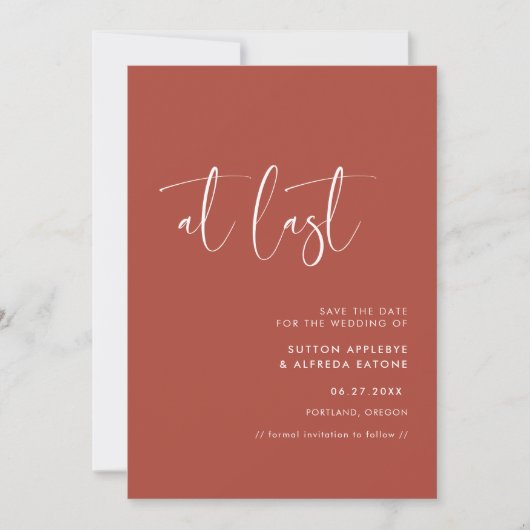 Elegante und moderne Terracotta endlich Save The Date (Vorderseite)