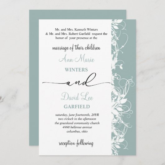 Elegante und moderne White Floral Script Hochzeit Einladung (Vorne/Hinten)