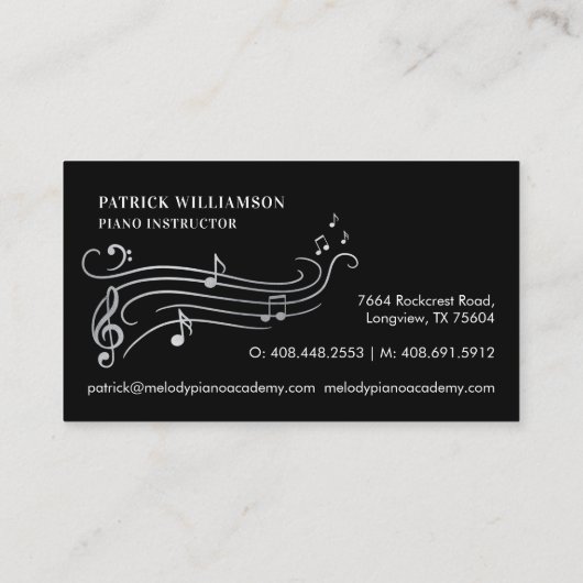 Elegante und raffinierte Silver & Black Piano Musi Visitenkarte (Rückseite)