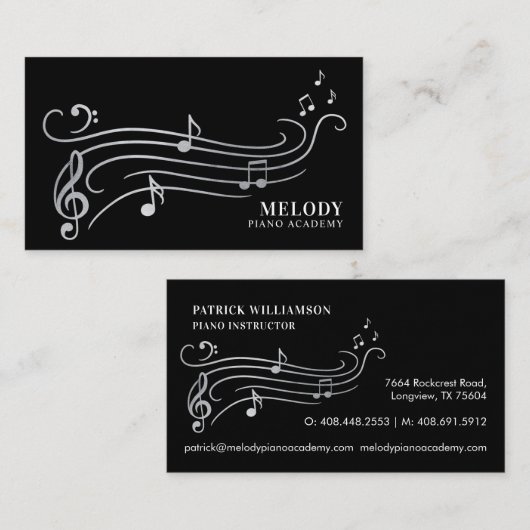 Elegante und raffinierte Silver & Black Piano Musi Visitenkarte (Vorne/Hinten)