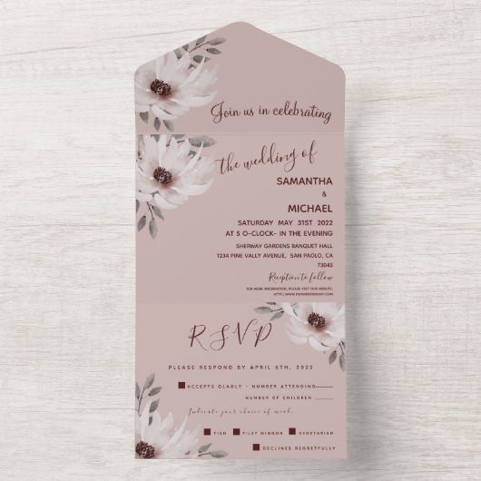 Elegante und romantische Rosa Blumenhochzeit All In One Einladung (Innen Boden)