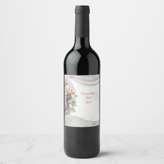 Elegante und romantische weiße Perlen Rosa Rosen Weinetikett (Vorderseite)
