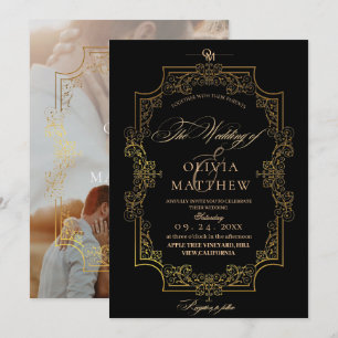Elegante und Royal Black & Gold Foto Wedding Einladung
