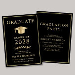 Elegante Uni Black Gold Graduation Party Einladung<br><div class="desc">Elegante Ankündigung und Party Einladung von schwarzen Uni-Abschlüssen mit einer goldenen Graduiertenkappe und schlichter moderner Goldtypografie für den Namen des Absolventen,  Jahrgang,  Uni oder Universität,  Abschluss und Dur oder Ehre. Fügen Sie auf der Rückseite die Details zum Abschluss hinzu.</div>