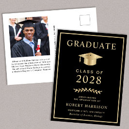 Elegante Uni Foto Black Gold Abschluss Ankündigungspostkarte