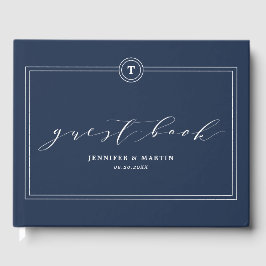 Elegante Unique Navy Monogram Calligraphy Wedding Gästebuch