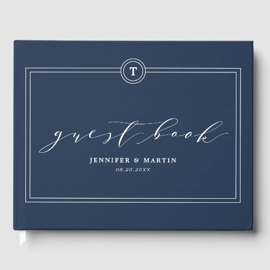 Elegante Unique Navy Monogram Calligraphy Wedding Gästebuch (Vorderseite)