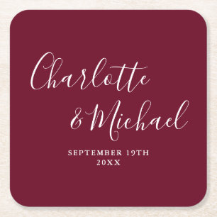 Elegante Unterschrift Schrift Burgund Hochzeit Rechteckiger Pappuntersetzer