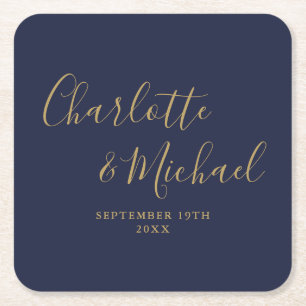 Elegante Unterschrift Schrift Navy Blau Gold Hochz Rechteckiger Pappuntersetzer