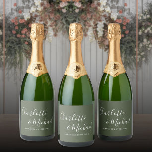 Elegante Unterschrift Schrift Olivegrüne Hochzeit Schaumweinetikett