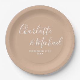 Elegante Unterschrift Schrift Tan Taupe Hochzeit Pappteller