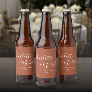 Elegante Unterschrift Schrift Terrakotta Hochzeit Bierflaschenetikett