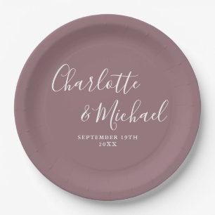 Elegante Unterschrift Script Mauve Hochzeit Pappteller