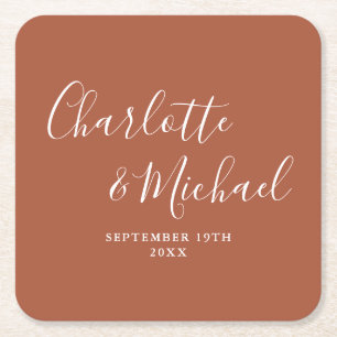Elegante Unterschrift Script Terrakotta Hochzeit Rechteckiger Pappuntersetzer