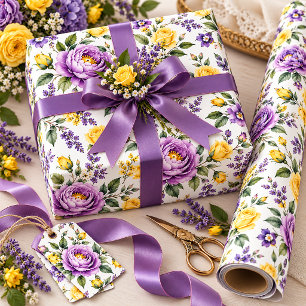 Elegante üppige violette Pfingstrosen, gelbe Rosen Geschenkpapier