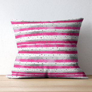 Elegante Valentins-Pink Silber-Herzen auf Gestreif Kissen